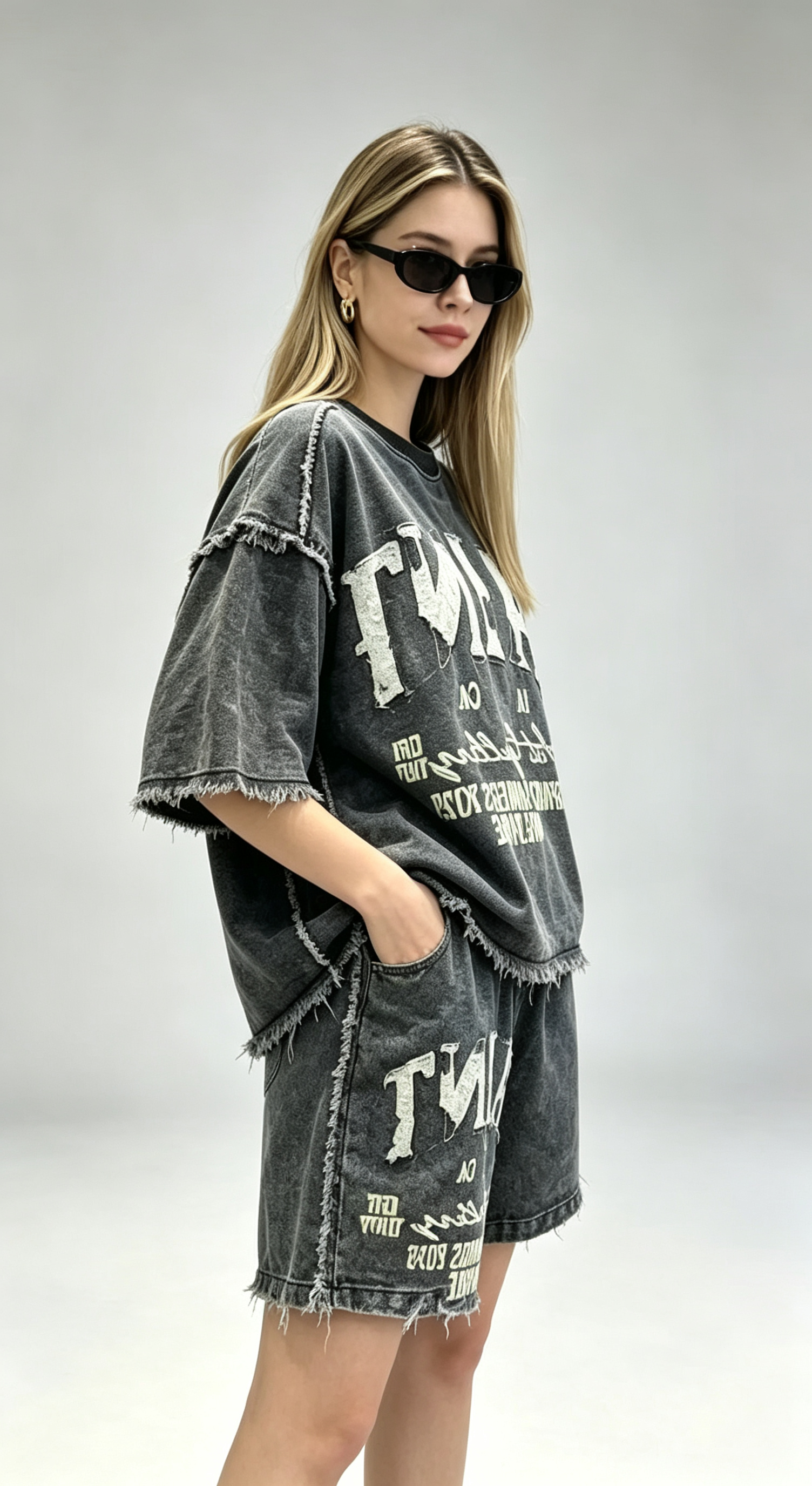 Trendy Letter-Print Denim Set