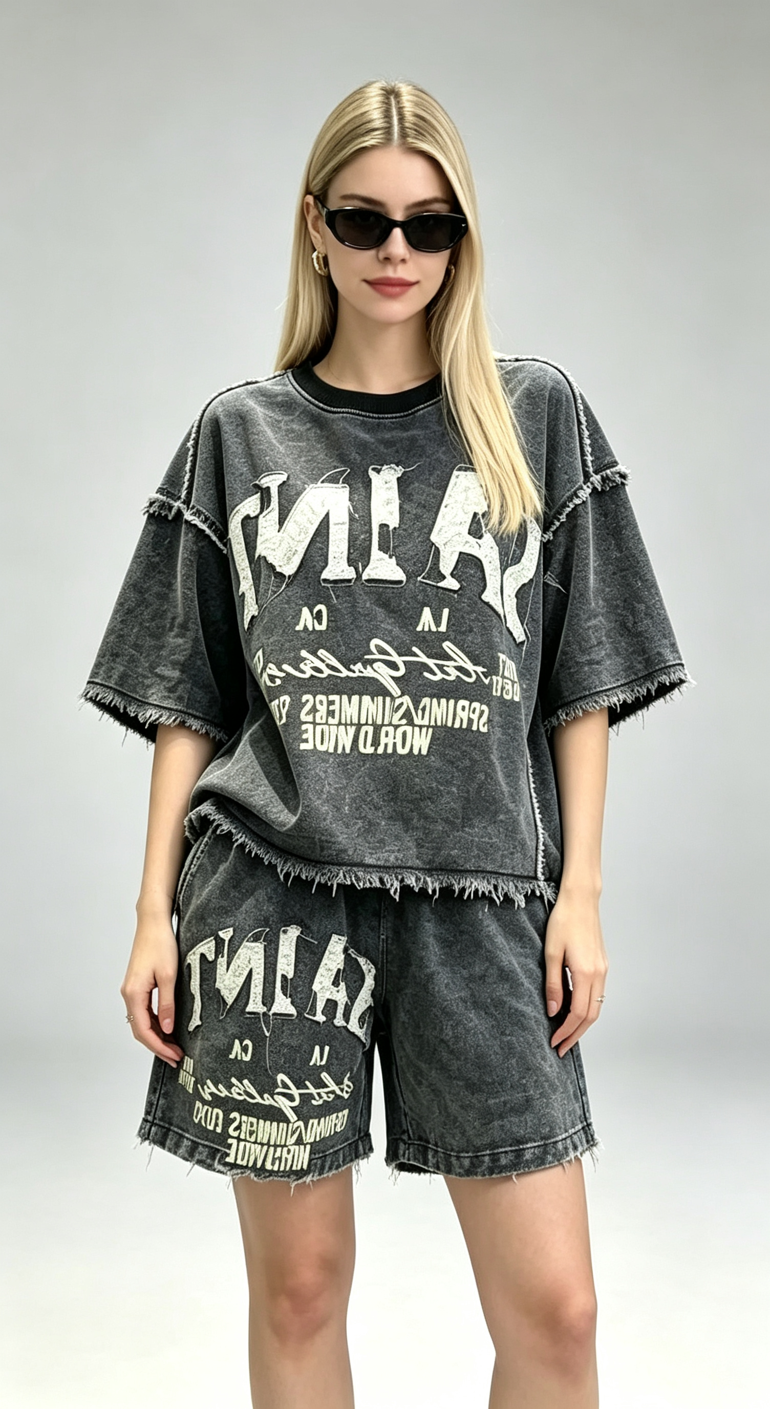 Trendy Letter-Print Denim Set