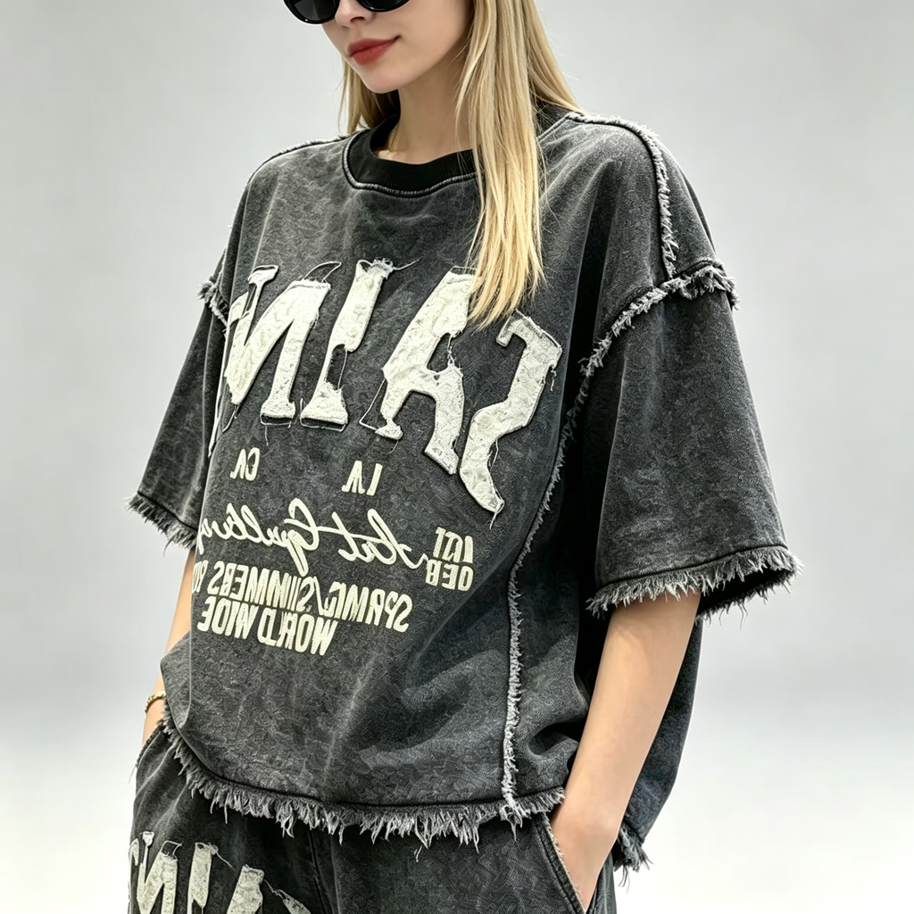 Trendy Letter-Print Denim Set