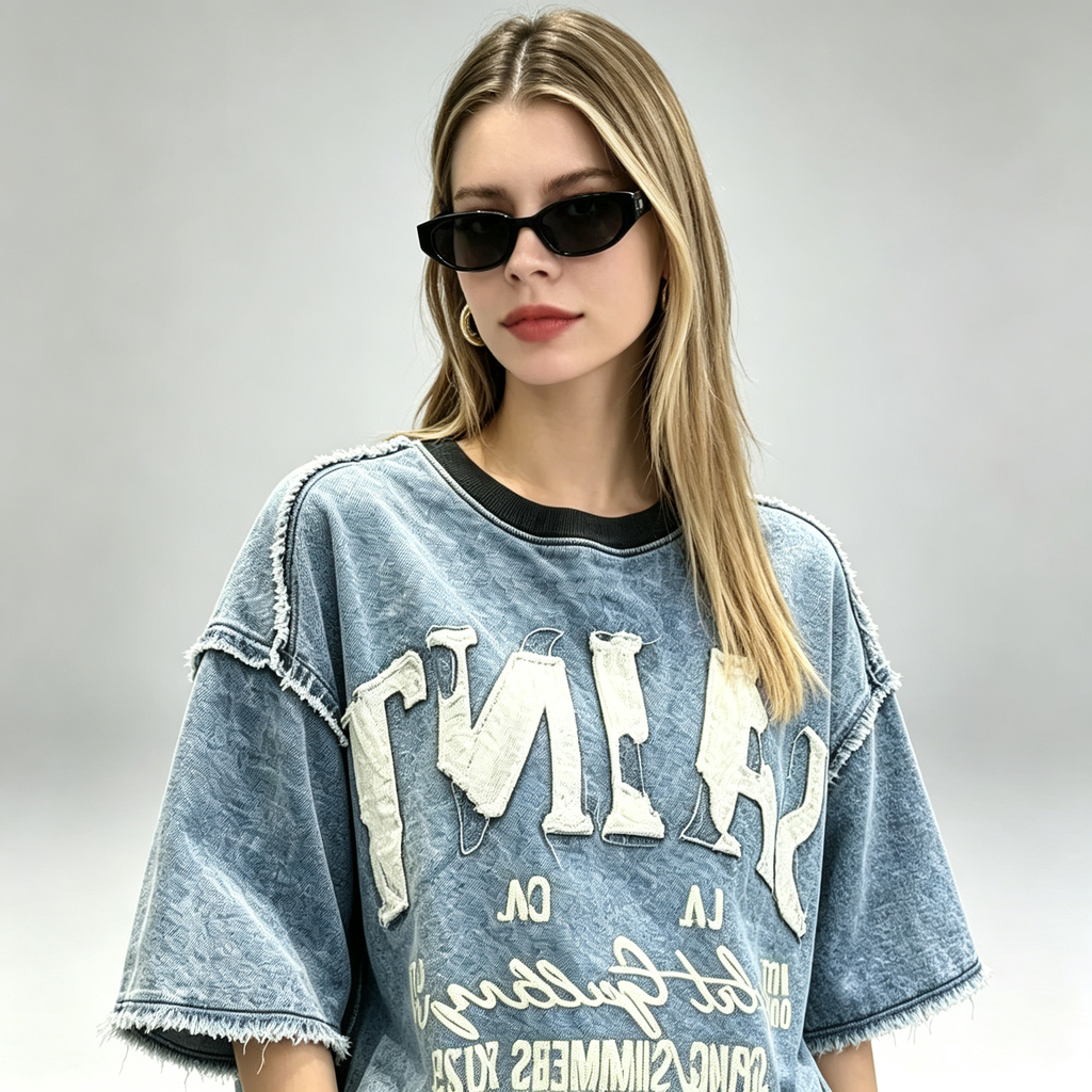 Trendy Letter-Print Denim Set