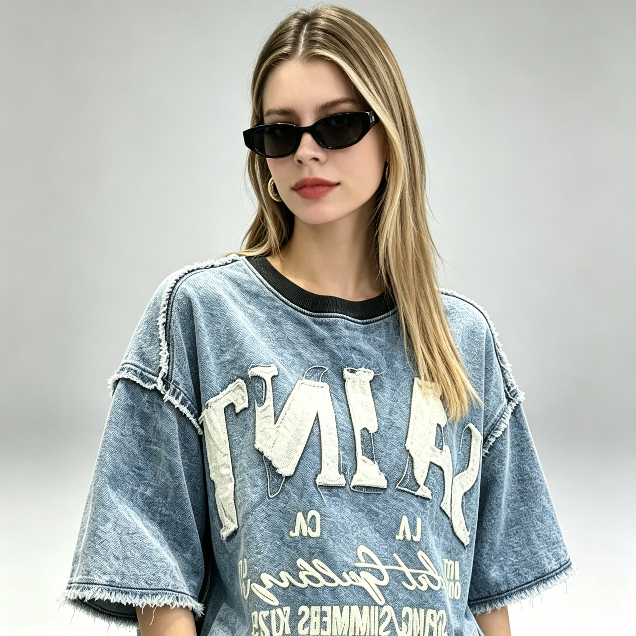 Trendy Letter-Print Denim Set
